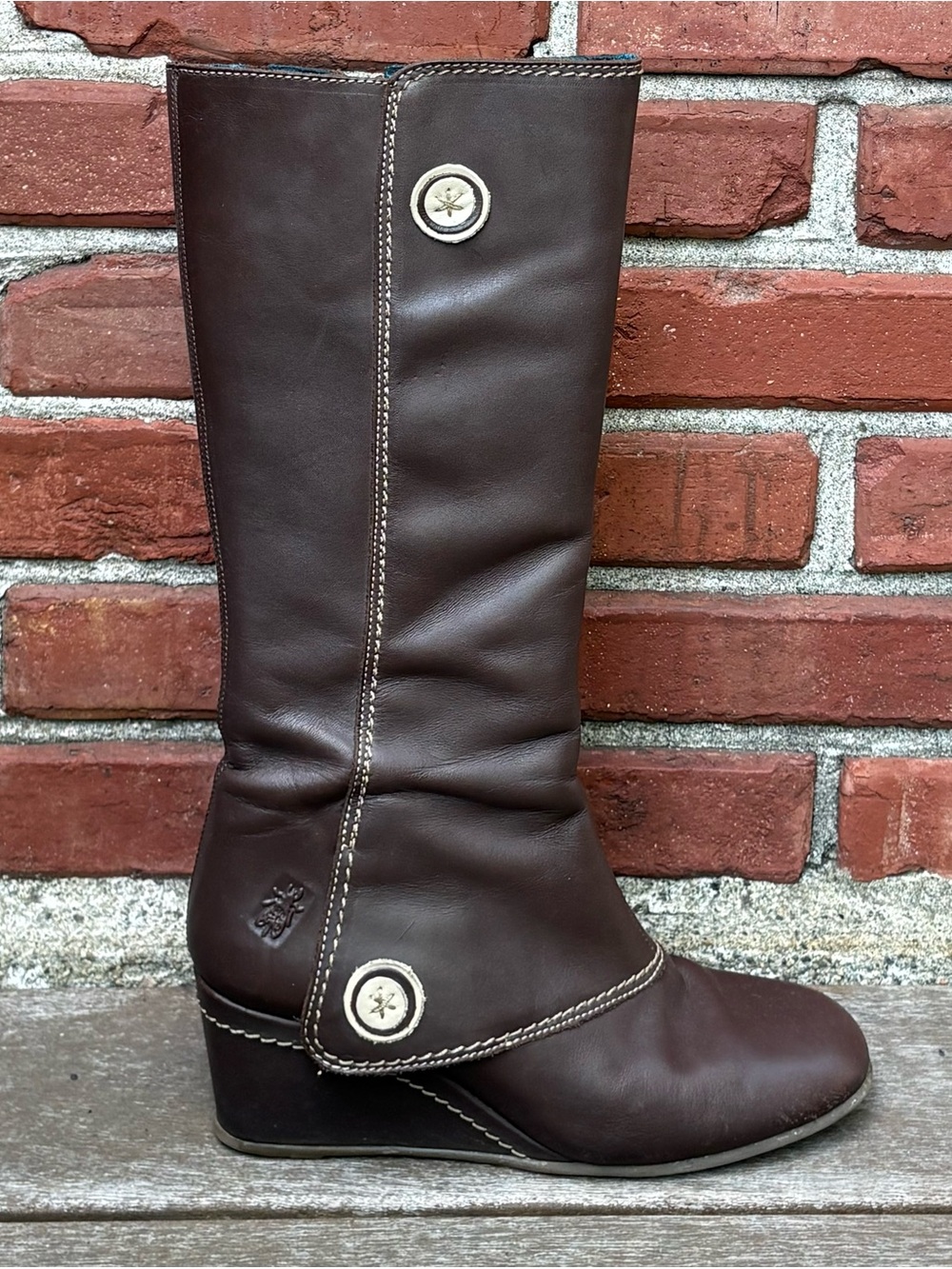 Fly London Y2K Fold Over Button Leather Knee-High Wedge Boots